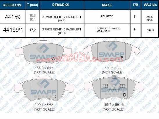 Ön Fren Balatası Takım (Diskli Fren) Peugeot 5008 , Partner II M59 , Partner Tepe Citroen C4 II , C4 Grand Picasso , C4 Picasso , Berlingo II M59 , Berlingo B9 Swapp 44159 Oem No : 4254.25 425425